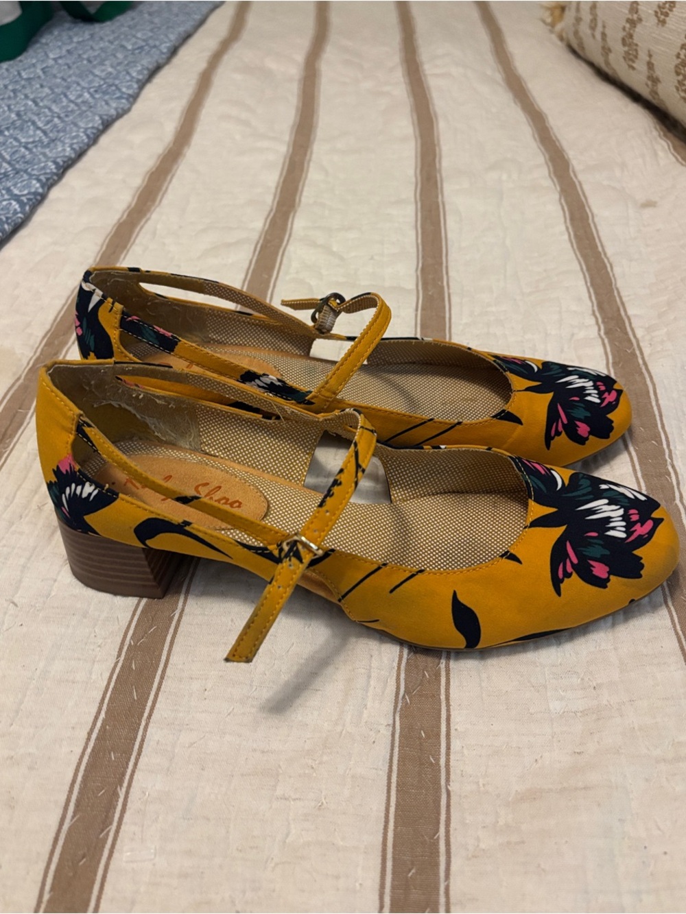 Ruby Shoo Mustard Floral Mary Jane Block Heel Pumps with Ankle Strap